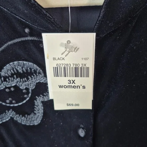 *SOLD* J Jill Top Womans 3X Black Velour Button Down Shirt Soft Embroidered - Picture 6 of 9